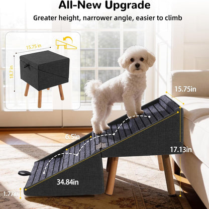 17.13" H Dog Stairs for Small Dogs, 2-In-1 Pet Steps & Ottoman - Foldable Dog Stairs for Couch, Non-Slip Wooden Pet Stairs for Puppy Senior Injured Dogs