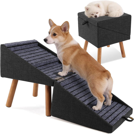 17.13" H Dog Stairs for Small Dogs, 2-In-1 Pet Steps & Ottoman - Foldable Dog Stairs for Couch, Non-Slip Wooden Pet Stairs for Puppy Senior Injured Dogs